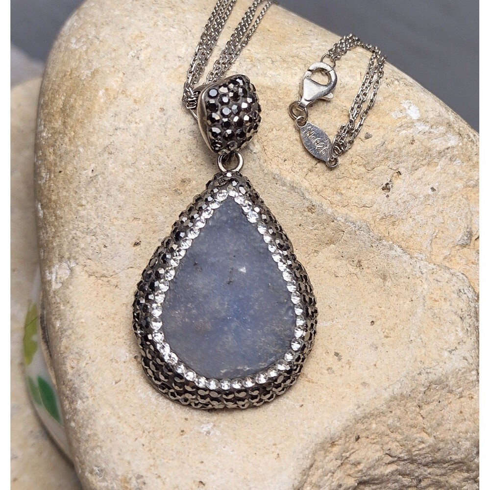 Sterling Silver 925 Druzy Marcasite Pendant Triple Strand Chain Necklace